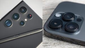 Close-up of camera lenses on a smartphone and iPhone. The image is a comparison of app functionality on both devices