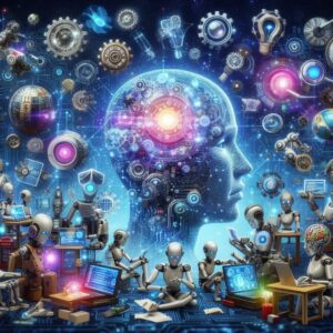 Digital art shows a group of robots sitting around a human head. The human head is surrounded by gears and cogs depicting artificial intelligence