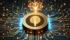 A golden coin with a brain-shaped tree logo rests on a circuit board, surrounded by glowing lines of code. In the background, a network of interconnected dots and lines forms a tree-like structure.