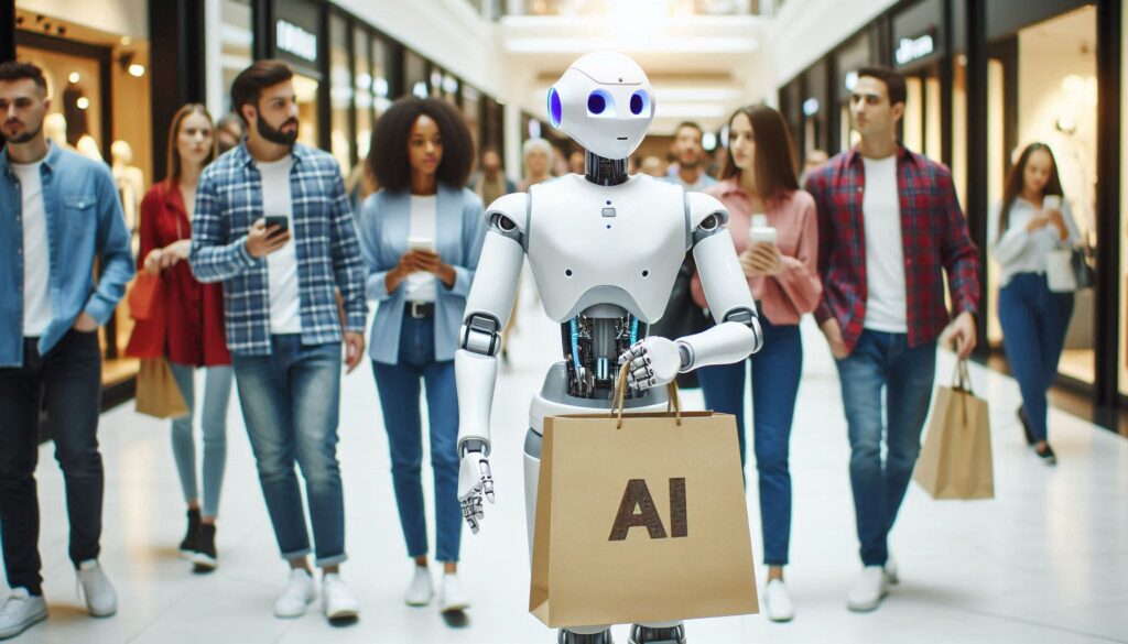 In a bustling shopping mall, a humanoid robot carries a shopping bag labeled "AI," surrounded by casually dressed people