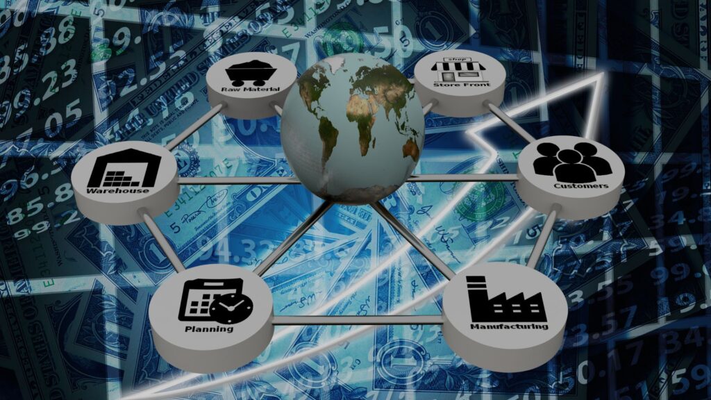 A globe surrounded by a network of business icons, including charts, factories, trucks, and store fronts. Text labels indicate raw materials, planning, manufacturing, warehouse, customers, and other elements of a supply chain.