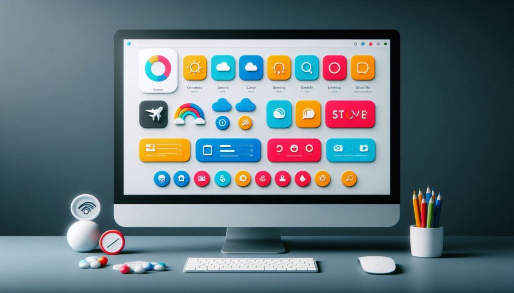 A computer monitor displaying a collection of colorful UI design elements, including icons, buttons, and shapes. The monitor is positioned on a desk with a keyboard, mouse, and other office supplies.