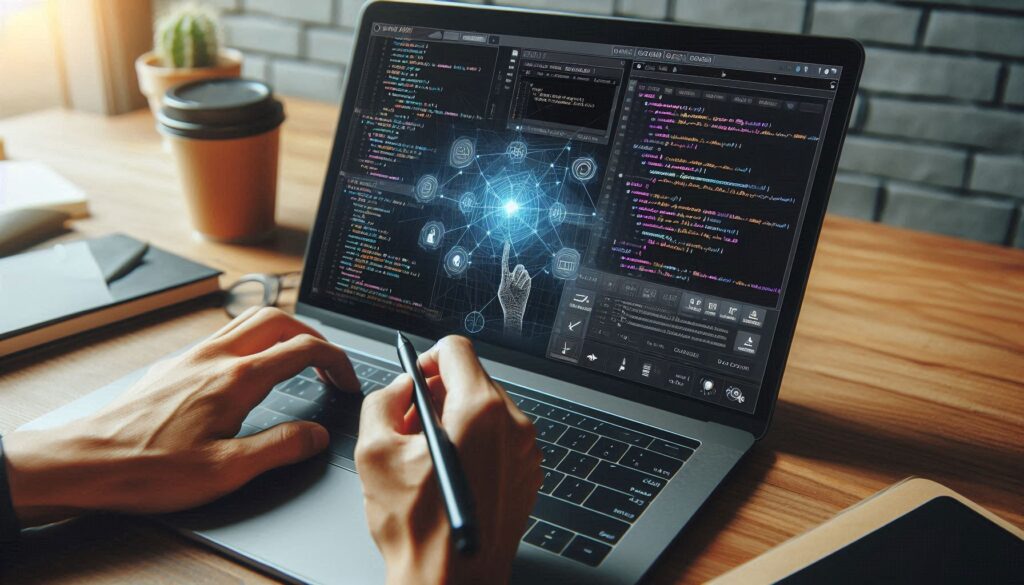 The image shows a close-up of a person working on a laptop, likely involved in coding or software development. The laptop screen displays several code editors and a graphical interface related to data visualization or network mapping.