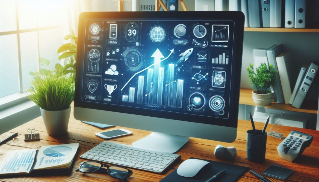 A computer monitor displaying a graph showing upward growth and various data visualizations, surrounded by office supplies and plants on a desk