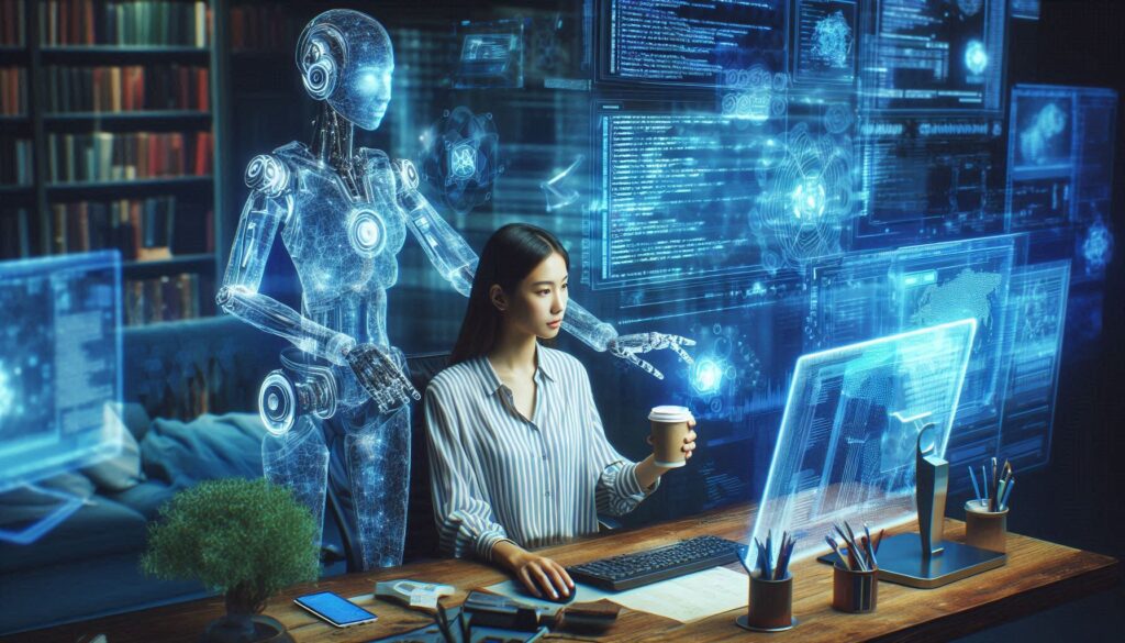 The image appears to depict a futuristic scene with a woman working on a computer while being assisted by a humanoid robot. There are multiple holographic screens displaying complex data, suggesting a high-tech environment.