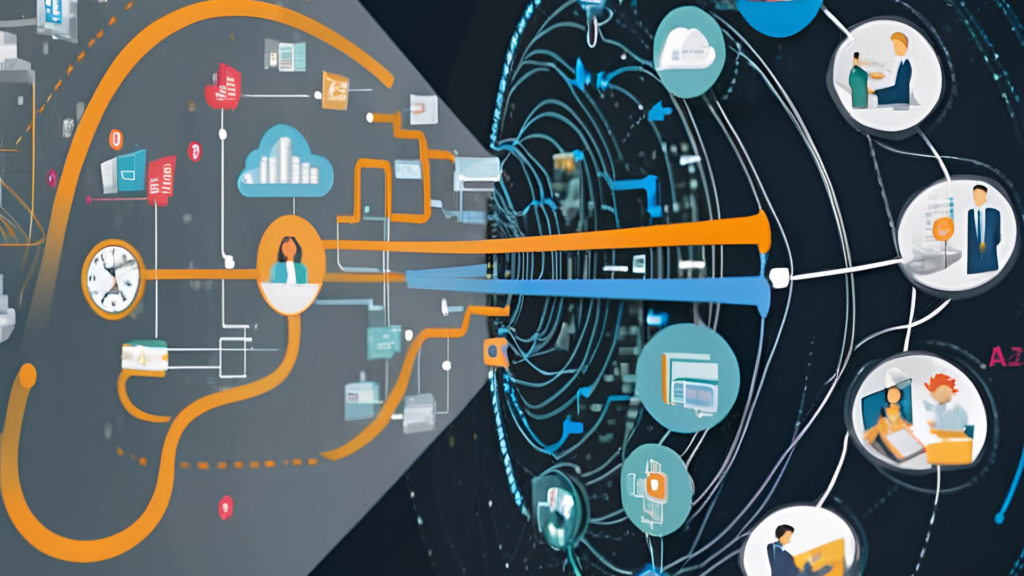 A visual representation of AI service adoption, depicting a central hub connected to various interconnected systems and individuals