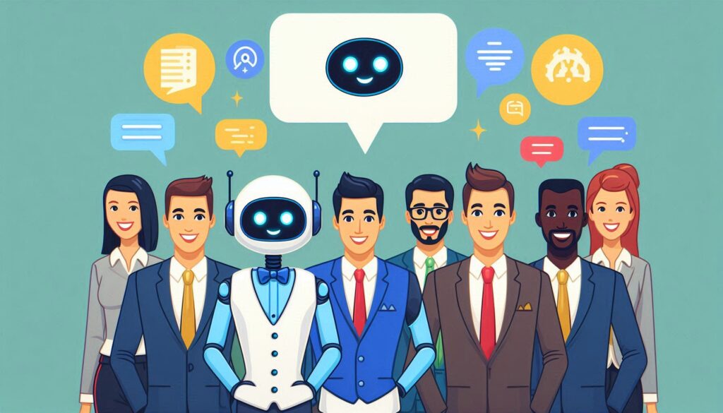 The image depicts a diverse group of professionals standing together, with an AI robot assistant as part of the team