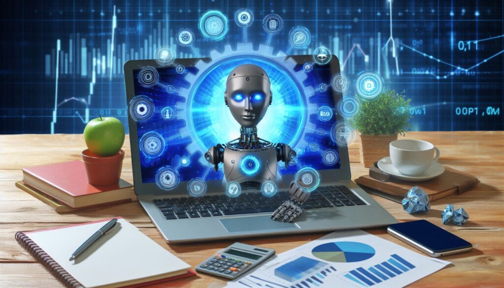 A laptop displaying a robot, surrounded by business-related objects. This visual represents the integration of artificial intelligence (AI) into sales processes.