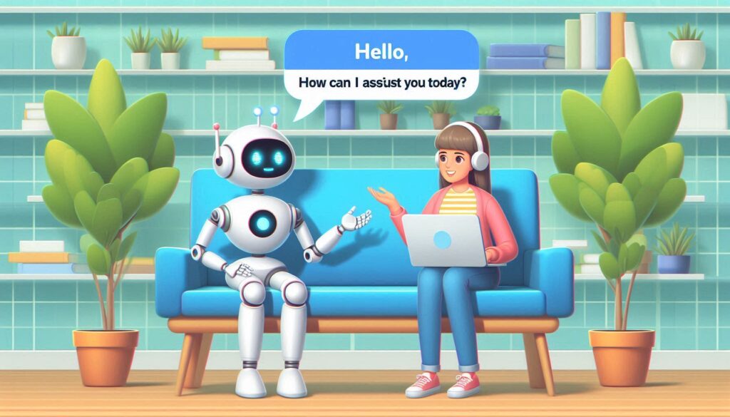 This image depicts a friendly interaction between AI chatbots and a young woman in a modern, cozy setting