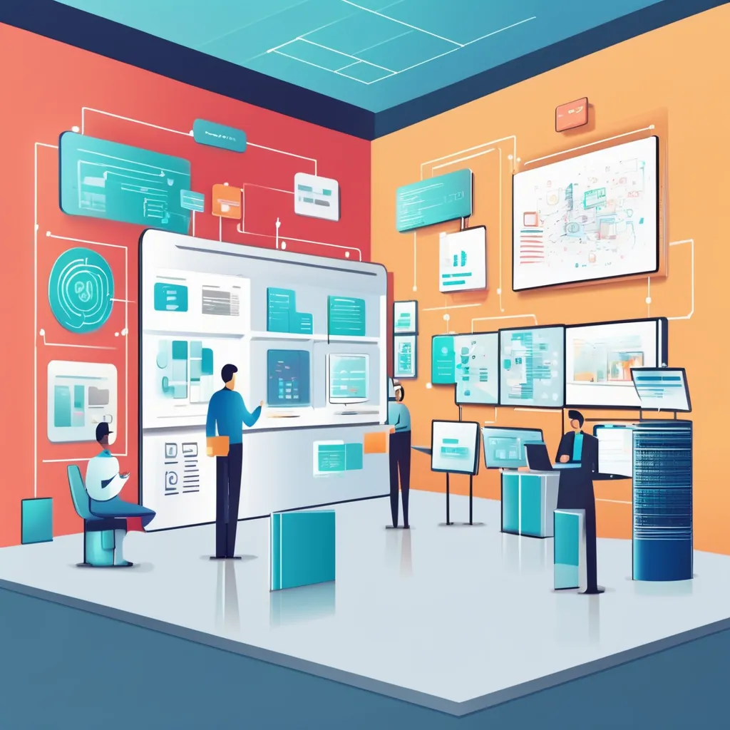 A modern, high-tech control room with people working on various interconnected digital screens displaying data, charts, and flow diagrams.