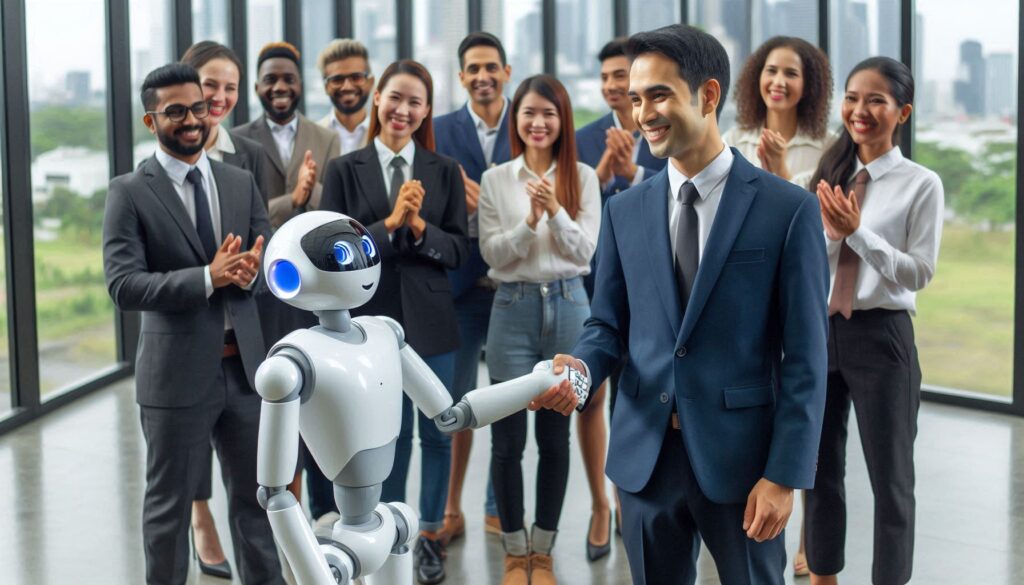 AI service adoption in business: A humanoid robot shakes hands with a smiling businessman in a modern office setting.