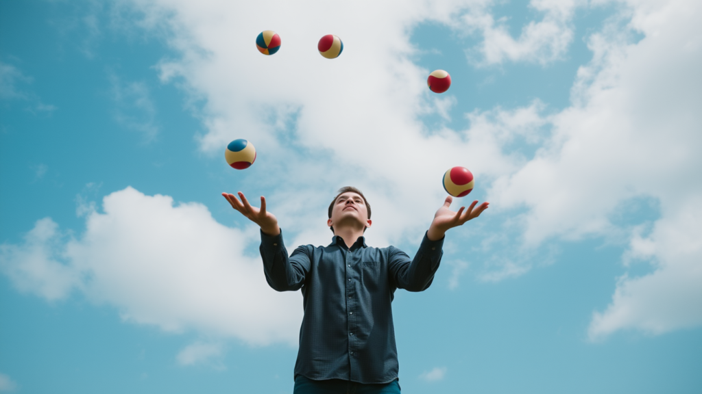 A person juggling multiple balls in the air, symbolizing the challenges and complexities of building an MVP (Minimum Viable Product).