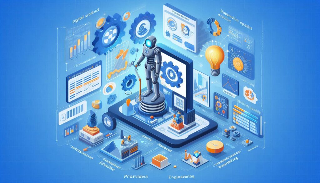 Isometric illustration of a digital product engineering process, featuring a robot working on a smartphone surrounded by various icons and data visualizations representing different stages of development