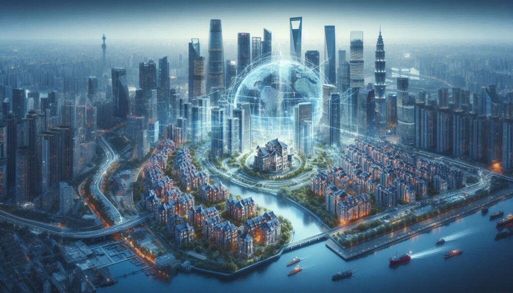 A futuristic cityscape with towering skyscrapers and a central, illuminated globe surrounded by data-like patterns