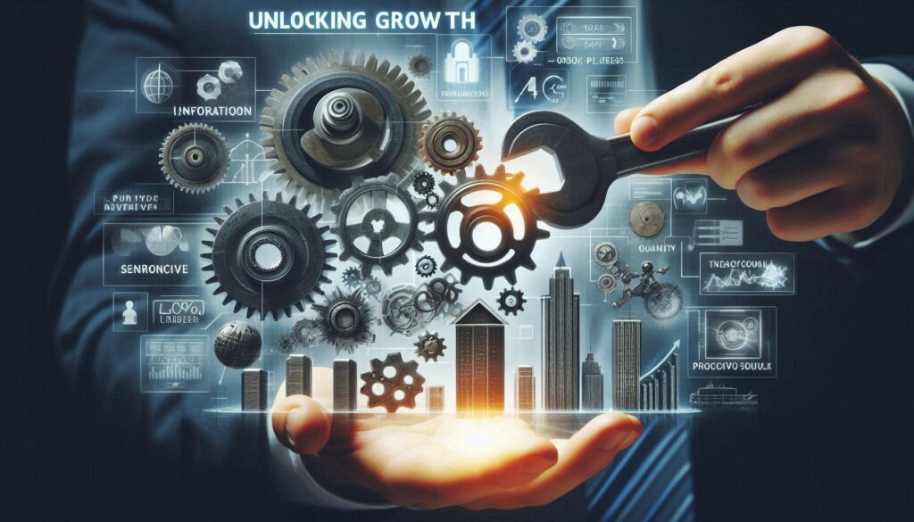 This image illustrates the concept of "Unlocking Growth" through a combination of technology, business, and urban development for sales and marketing