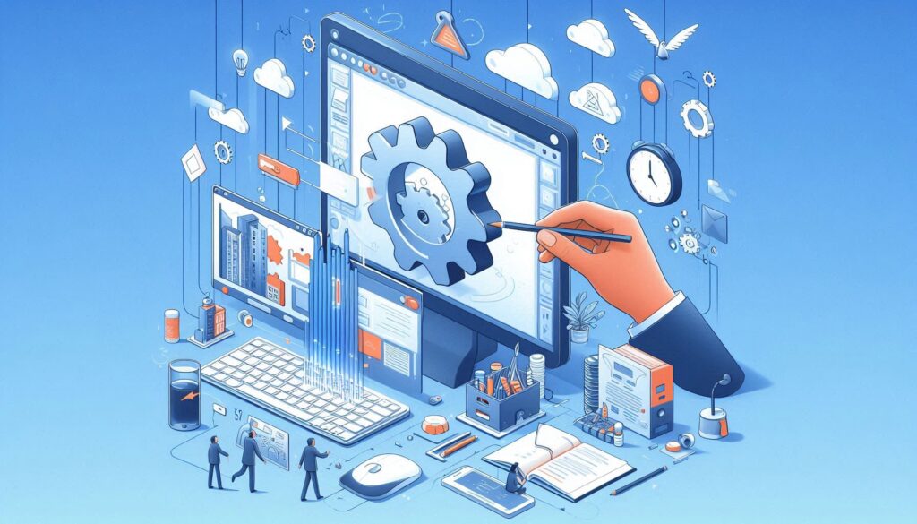 This image represents the agile software development lifecycle. The central focus is a large gear on a computer screen, symbolizing the iterative and dynamic nature of software development.