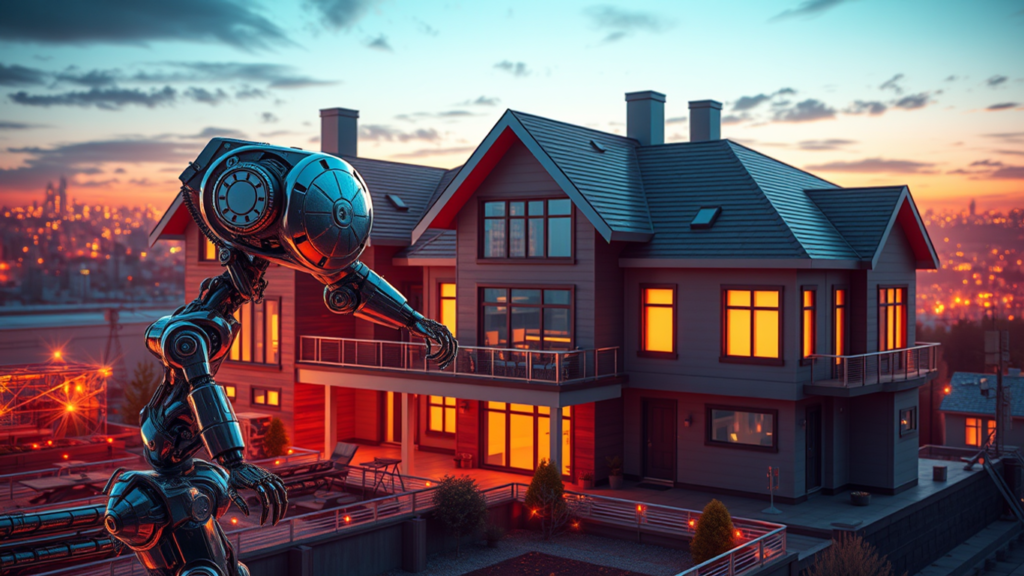 A humanoid robot stands in the foreground of a modern, two-story house. The robot is gazing upward at the house, which is illuminated against a dramatic sunset sky