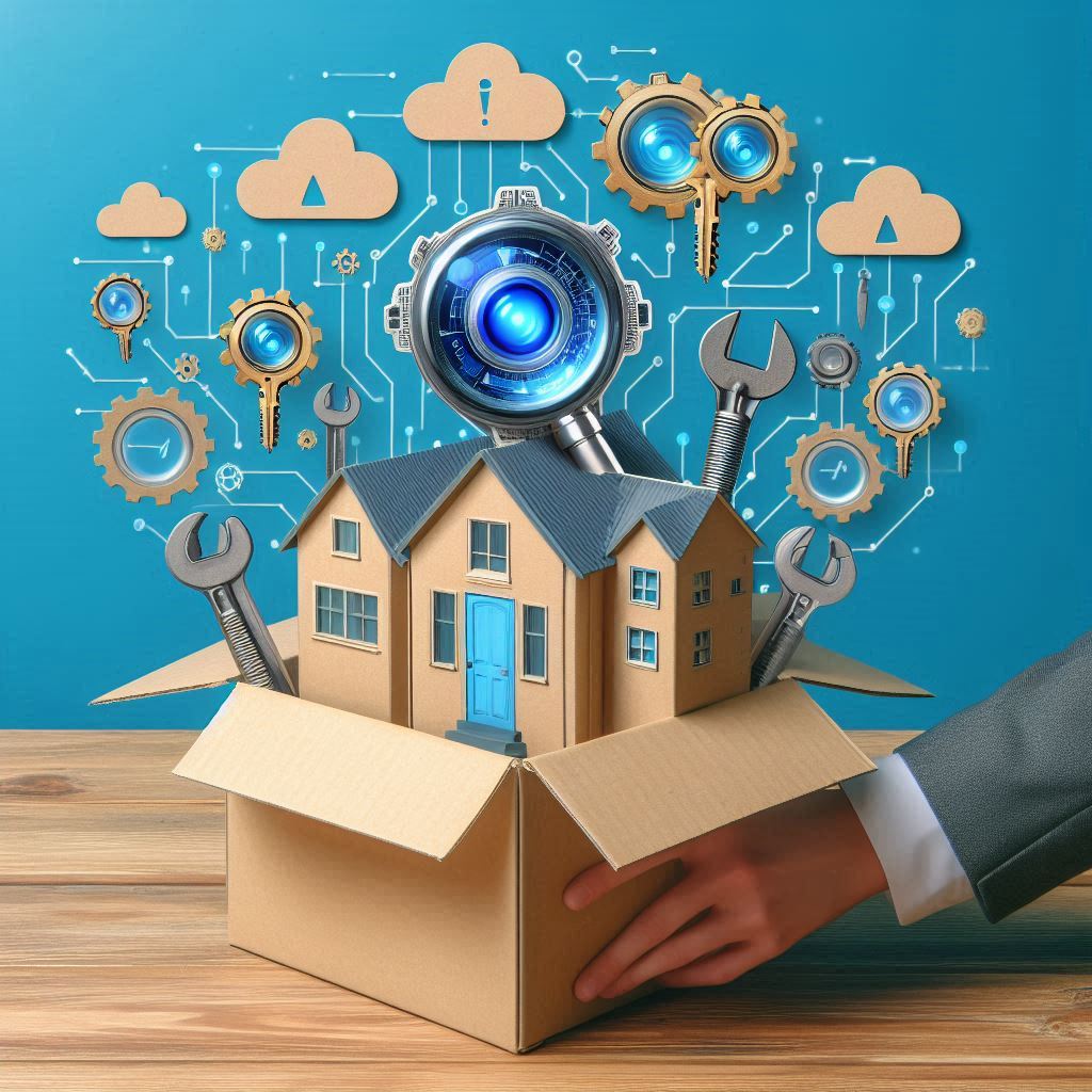 A hand reaching into a cardboard box, revealing a miniature house surrounded by various AI-related symbols such as gears, wrenches, and a magnifying glass