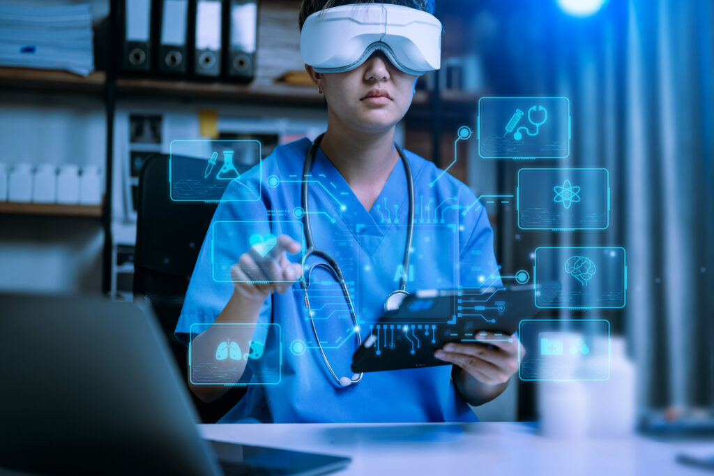 Healthcare professional using augmented reality and AI technology to access and interact with virtual medical data, demonstrating the integration of artificial intelligence in healthcare for diagnostics, treatment planning, and medical research