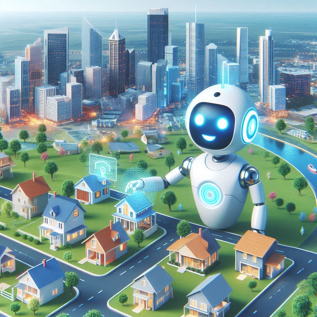 A friendly robot stands in a miniature cityscape, pointing at a house with a glowing icon. This image represents the role of AI in revolutionizing real estate