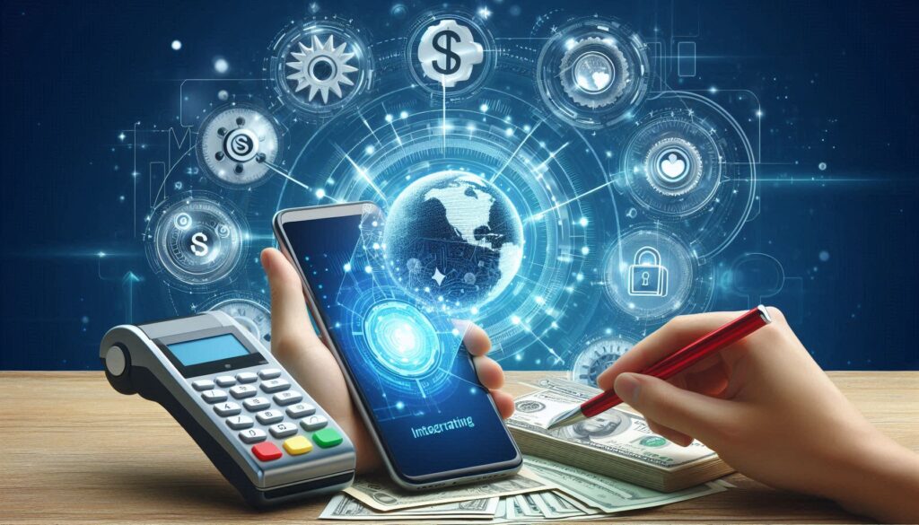 Illustration of digital payment integration, featuring a hand holding a smartphone displaying a holographic interface with a globe and financial icons