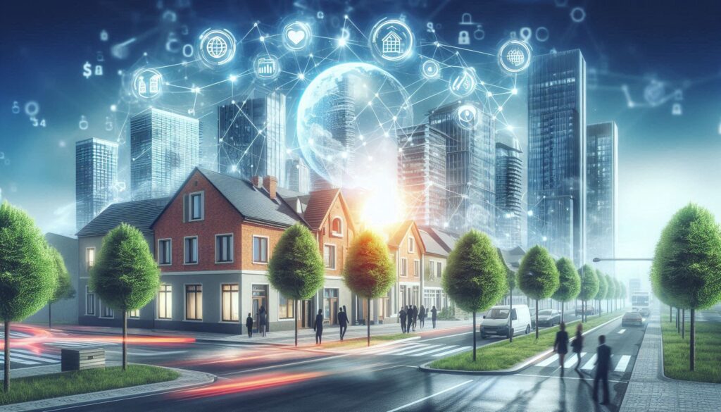 image seems to depict a blend of traditional residential homes with a futuristic urban background, highlighting technological connectivity. This visual could represent the integration of modern technology within real estate