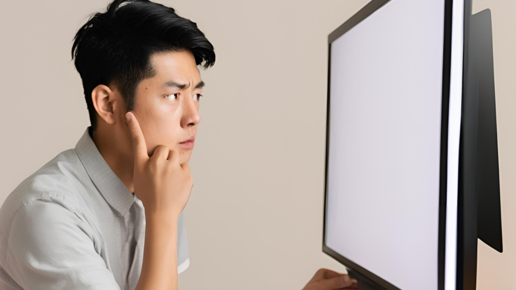 A person intensely focused on a computer screen, representing the critical thinking and planning involved in building an MVP for startups