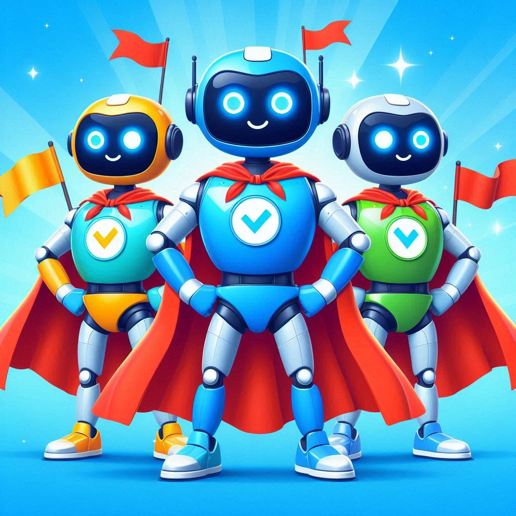  image shows three cartoon robot superheroes standing together in a heroic pose