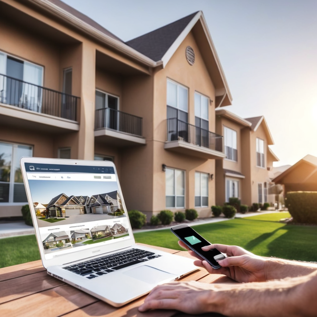  A person is sitting outdoors with a laptop and smartphone, looking at a house in the background