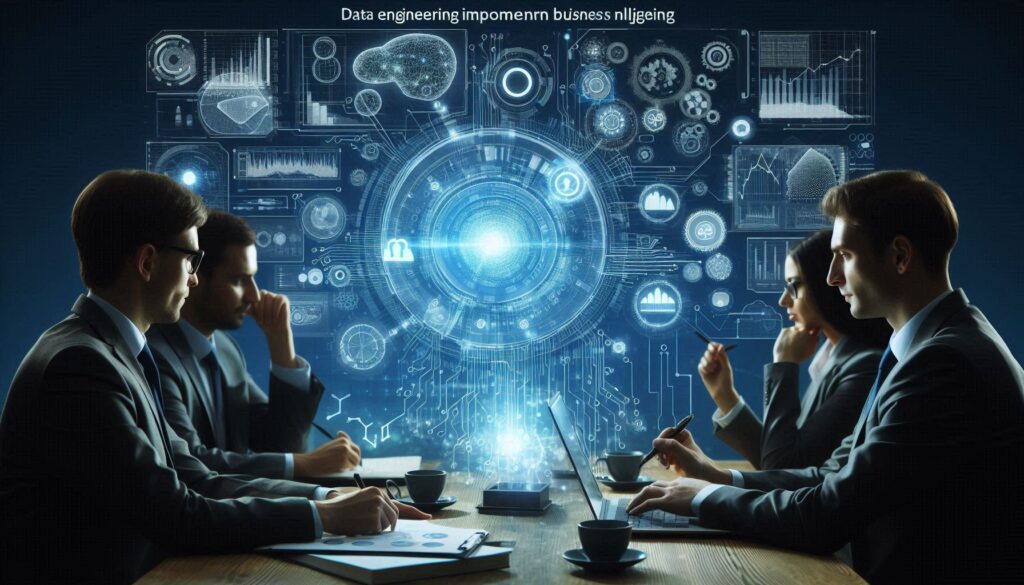 The image shows a group of business professionals sitting at a table, looking at a large holographic display of data visualizations and analytics