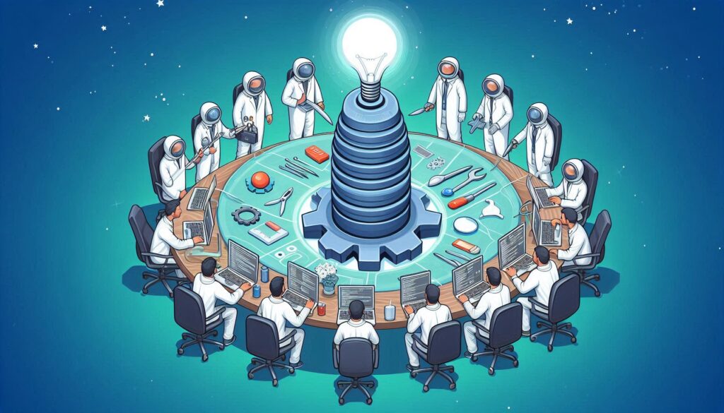 A dedicated software development team, represented by astronauts in spacesuits, collaborates around a table in a futuristic setting. 