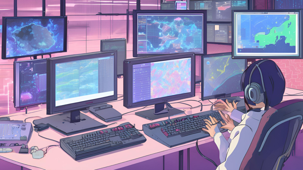 A person wearing a headset, sitting at a desk surrounded by multiple monitors displaying complex data, maps, and graphical interfaces