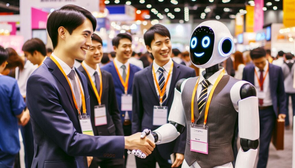 The image depicts a lively scene at what appears to be a conference or trade show, where a human professional in a business suit is shaking hands with a robot.