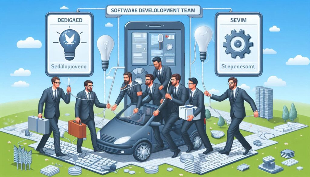 The image illustrates a "dedicated software development team" in a creative and somewhat whimsical style.