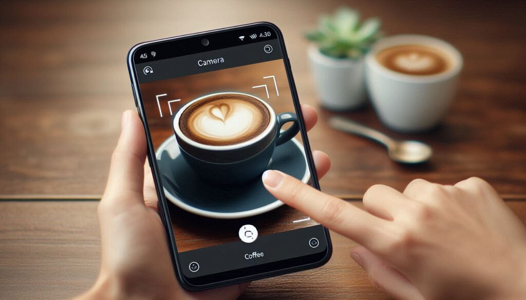 A person is using a camera app to take a photo of a cup of coffee with latte art.