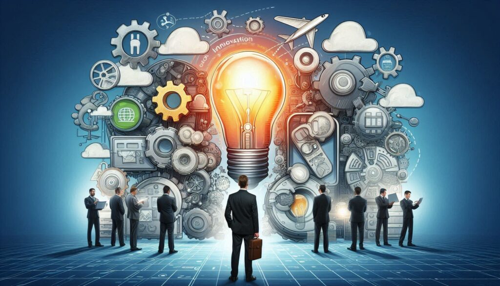 A group of professionals in suits stand before a massive lightbulb symbolizing innovation, surrounded by gears, clouds, and digital icons.