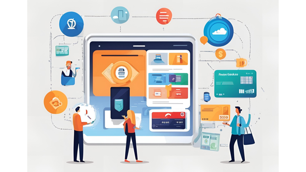 Illustration depicting a digital payment ecosystem for small businesses, featuring a large tablet screen displaying various payment options and financial services