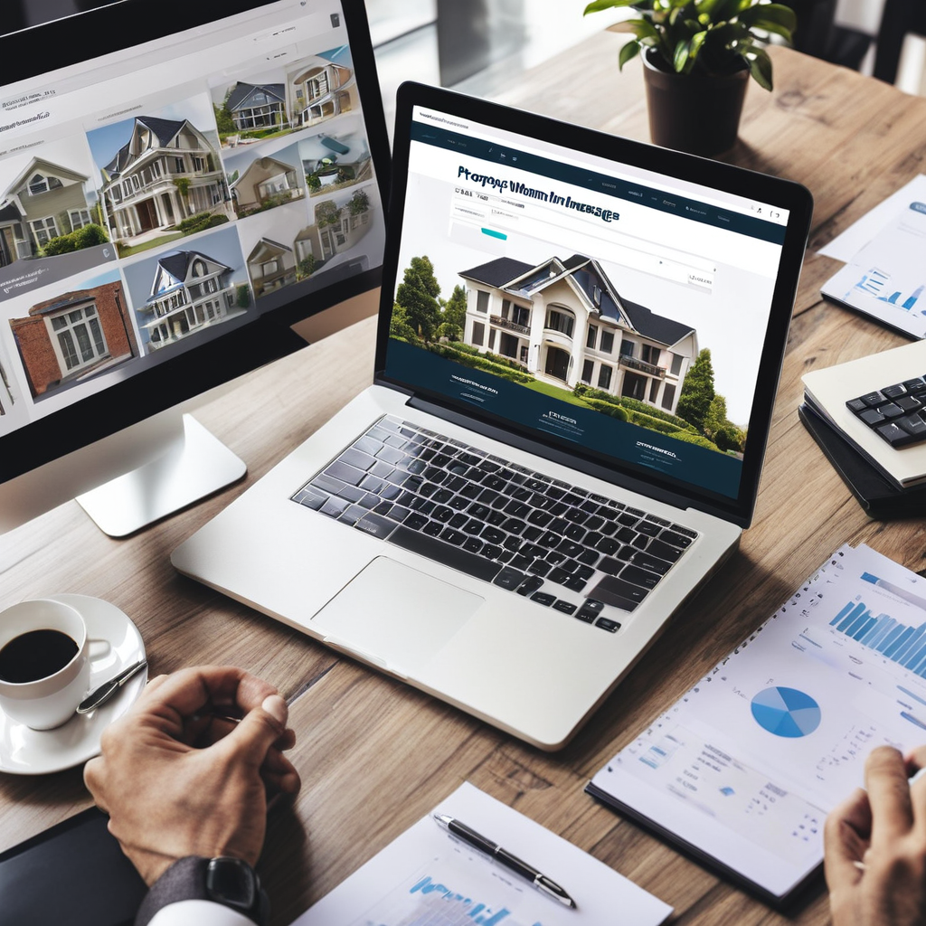 A person is working on a laptop, analyzing real estate data. The laptop screen displays various property listings, while a second monitor shows additional property details