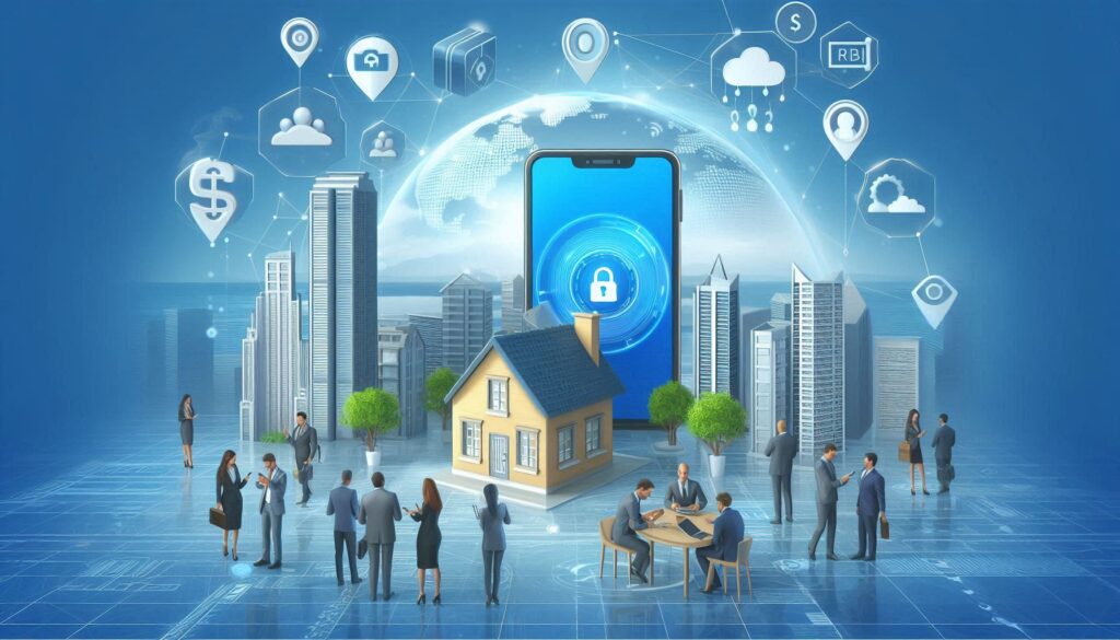 This image depicts a futuristic representation of the real estate industry integrated with technology and global connectivity