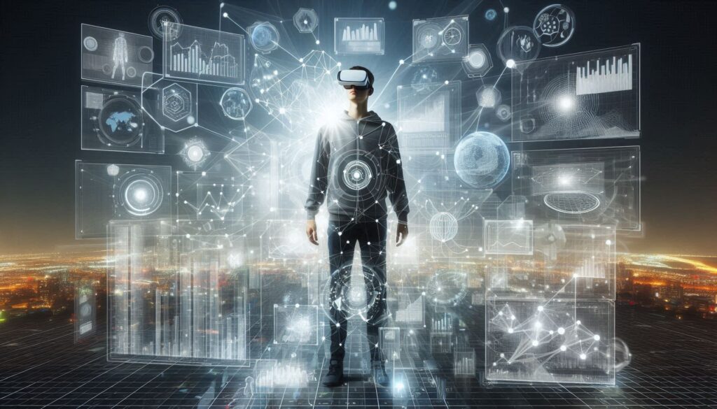 This image depicts a futuristic scene of virtual reality and data visualization.