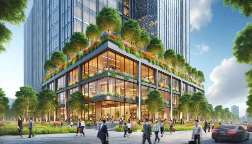 The image appears to be of a modern urban building with abundant greenery and people walking around. It looks like an architectural rendering of a commercial or mixed-use building with features that promote sustainability and a connection to nature.