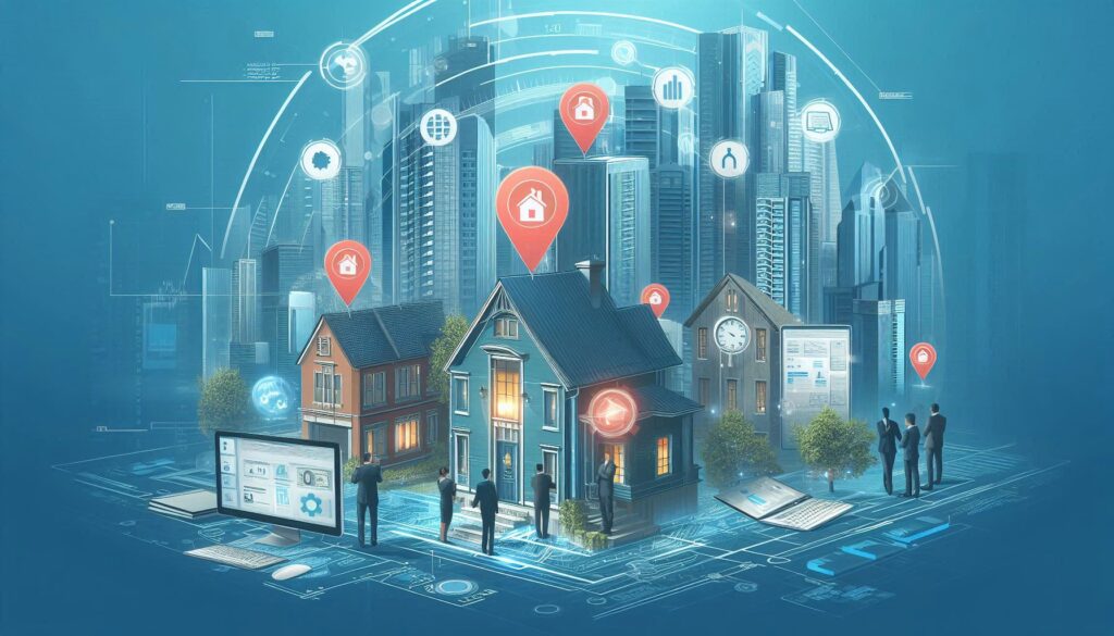 image combines elements of traditional housing with modern technology and data visualization, emphasizing the digital aspect of real estate property listing and management.