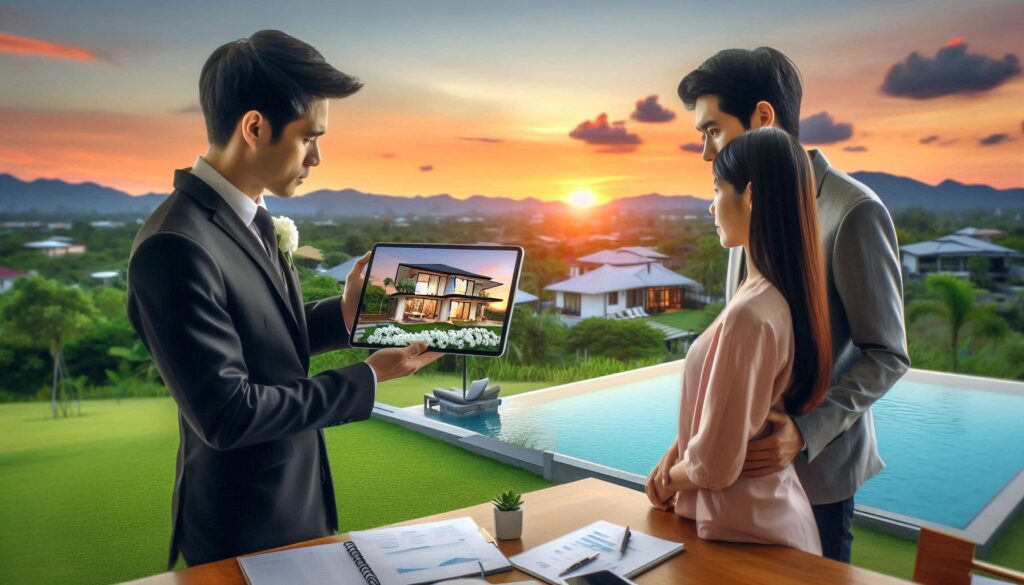 This image depicts a real estate sales scenario in a luxurious setting.