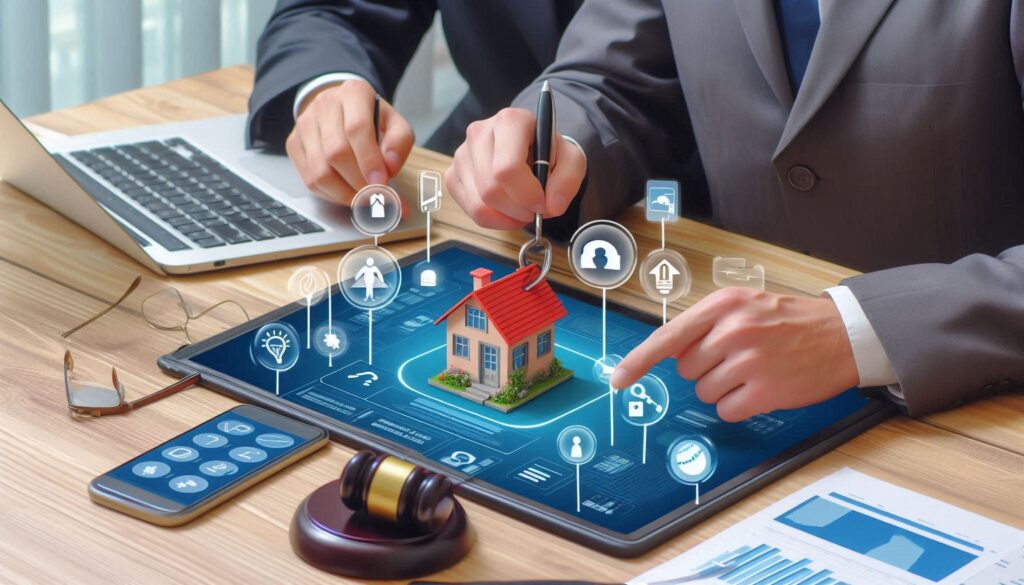 This image depicts a modern, technology-driven approach to real estate transactions and management