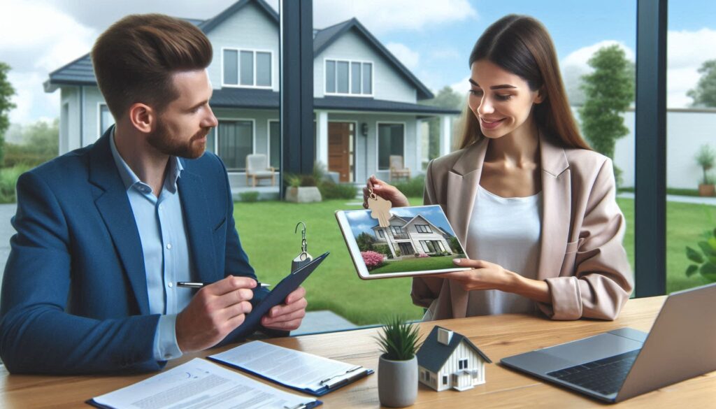 The image shows a real estate professional holding a tablet displaying a house image while discussing details with a client.