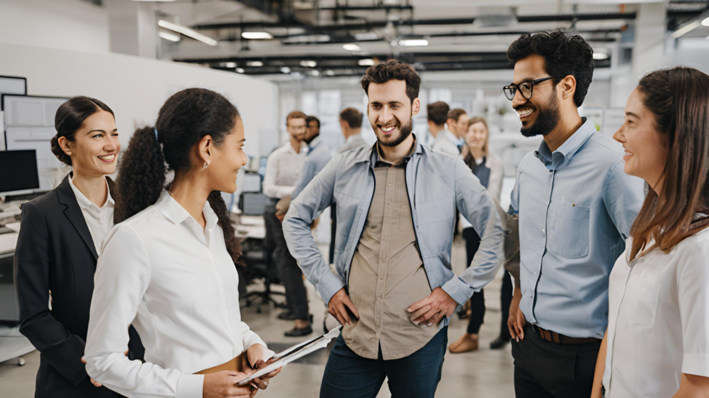 This image shows a group of professionals engaged in conversation, likely within an office environment. 