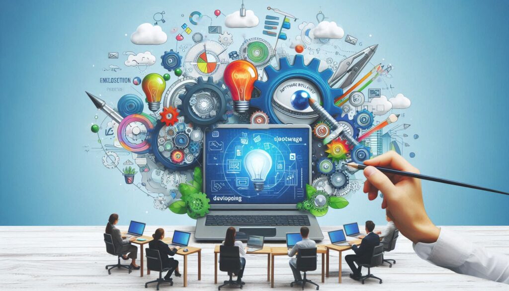 An isometric illustration of a software development lifecycle. A hand draws a gear on a computer screen, symbolizing the planning and development stages