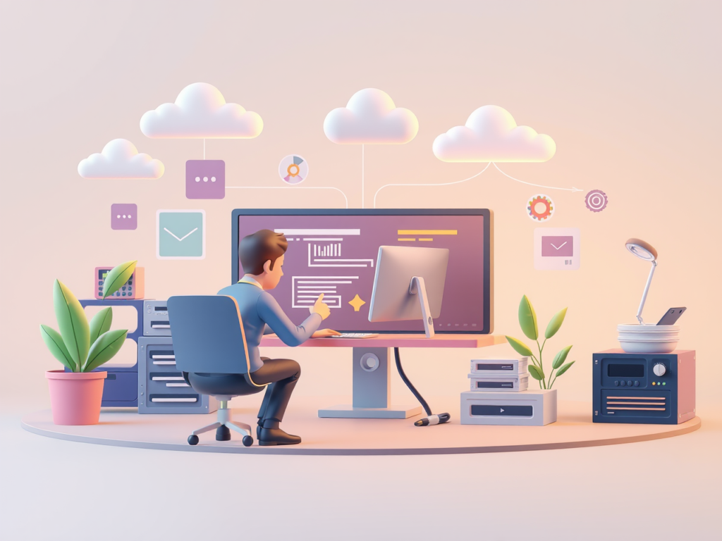 This image depicts a scene related to the software development lifecycle (SDLC). The person at the desk represents a developer or engineer working on various stages of the SDLC, such as coding, testing, and deployment