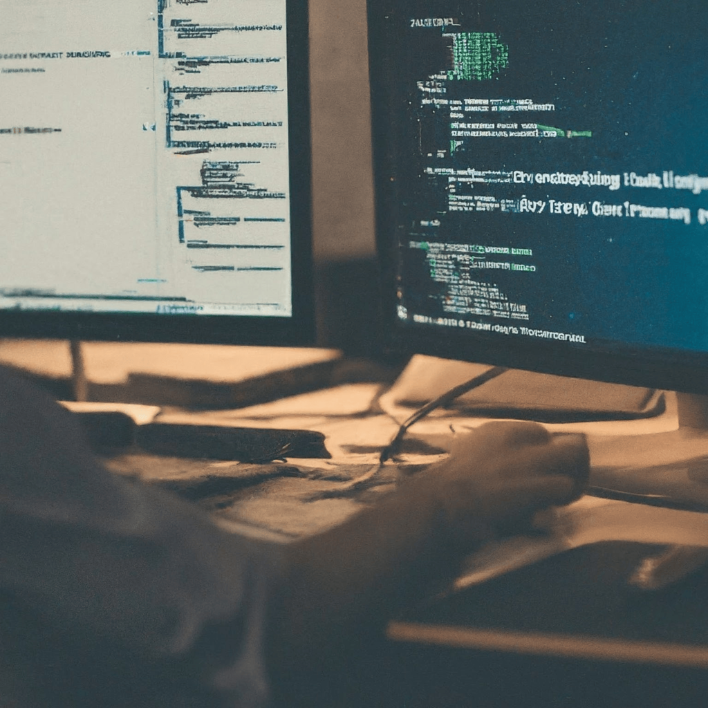 A close-up shot of a developer's workspace, highlighting two computer monitors displaying lines of code. 