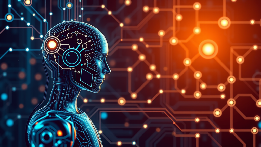 A digital representation of a human head overlaid with intricate circuitry. The image symbolizes the convergence of human intelligence and artificial intelligence, representing the rapid advancements in AI/ML service trends.